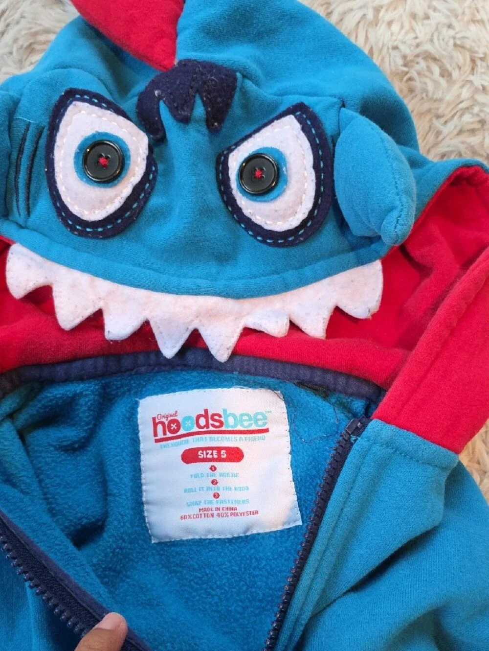 Kids Blue Monster Hoodie with Red Lining and Star Accent